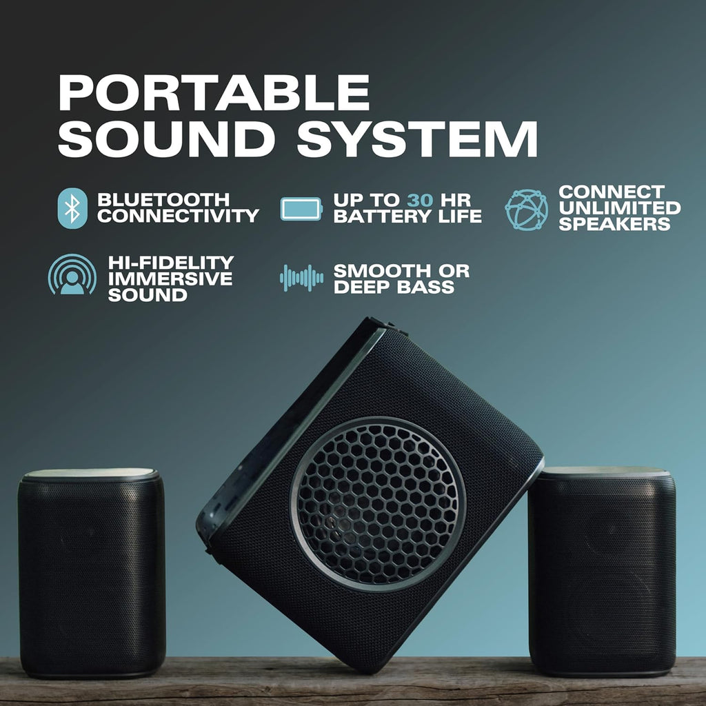 Rocksteady Stadium 2 Bluetooth Speaker & Subwoofer Bundle – 4 Speakers + Sub | Portable Multi-Room, Indoor/Outdoor System | Up to 30-Hr Battery | 150 ft Range