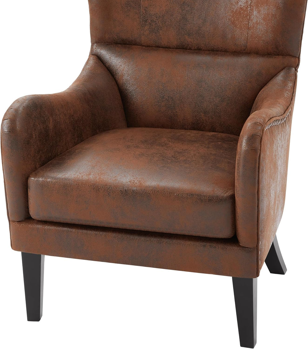 Christopher Knight Home Elber Mid-Century Modern Wingback Accent Chair Set of 2, Faux Suede Fabric Upholstered Club Chairs Set with Cushions, Wooden Comfy Reading Chair for Bedroom Living Room, Brown