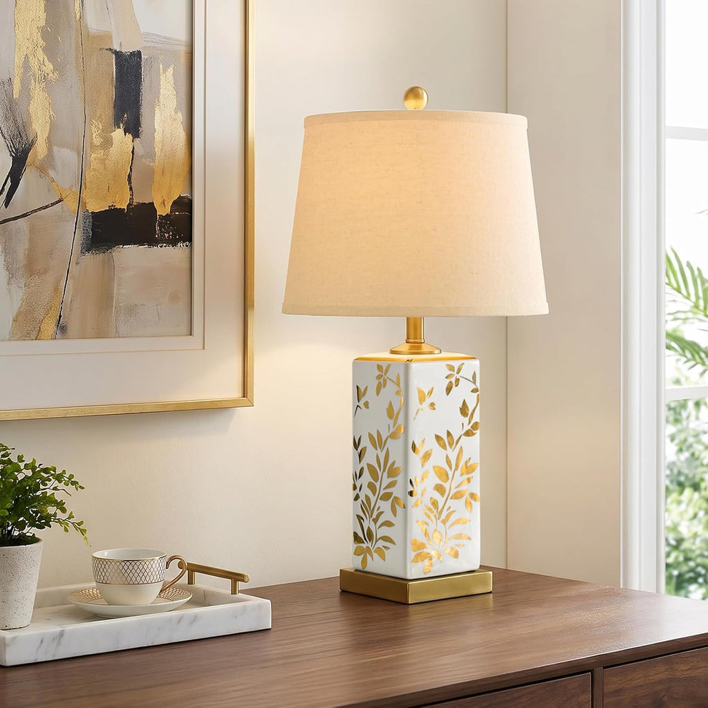 24.25" Mid Century Modern Lamp Set of 2, Vintage Farmhouse Chinoiserie Ceramic Table Lamps, Reflective Gold Leaf Pattern Bedside Lamps for Bedroom Living Room Nightstand, White & Gold