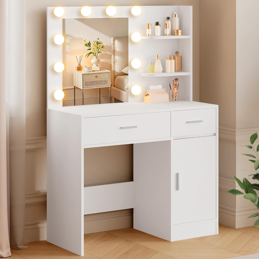 LIVELYGLOW White Makeup Vanity with 10 Hollywood Light Bulbs, 35.4" Wide Dressing Table with Large Mirror & Dimming Function, Small Space Vanity Desk with 2 Drawers, Storage Cabinet & Shelves