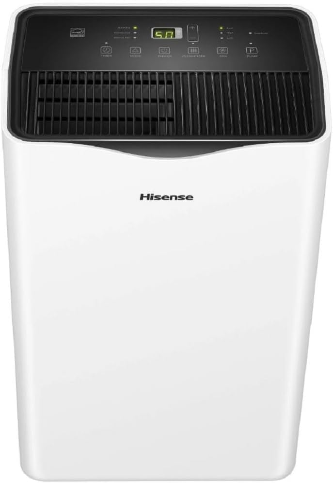 Hisense 50 Pint Dehumidifier 300 sq. ft Slide-out Bucket with Easy-carry Handle, 3 Speeds (Lo, Hi, Auto), Up to 4500 sq ft., Auto shut-off, Quiet 48 dB, 115v, - DH5023KP (Renewed)
