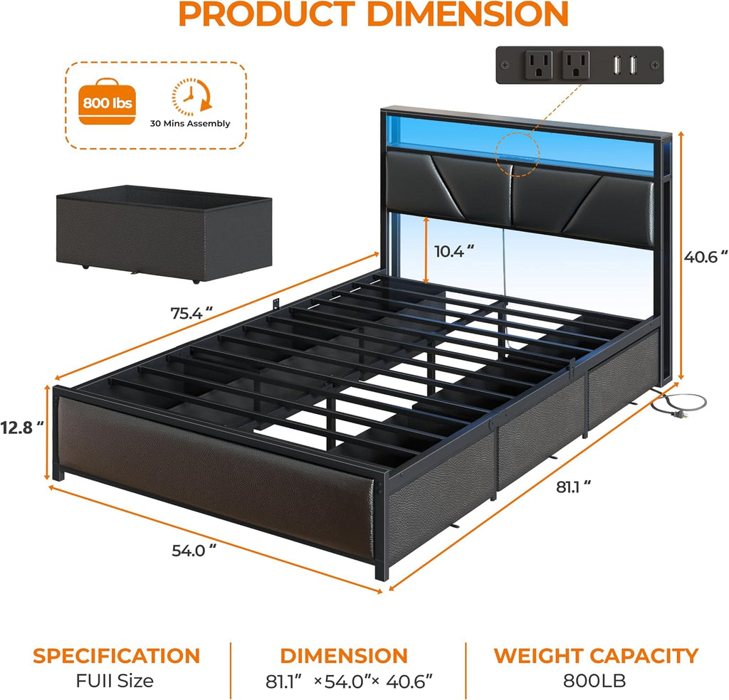 OURPIC Full Size Bed Frame, 2-Tier Storage Headboard & 6 Fabric Drawers, PU Leather Upholstered Platform Bed Frame Full with Charging Station and LED Lights, No Box Spring Needed, Noise Free