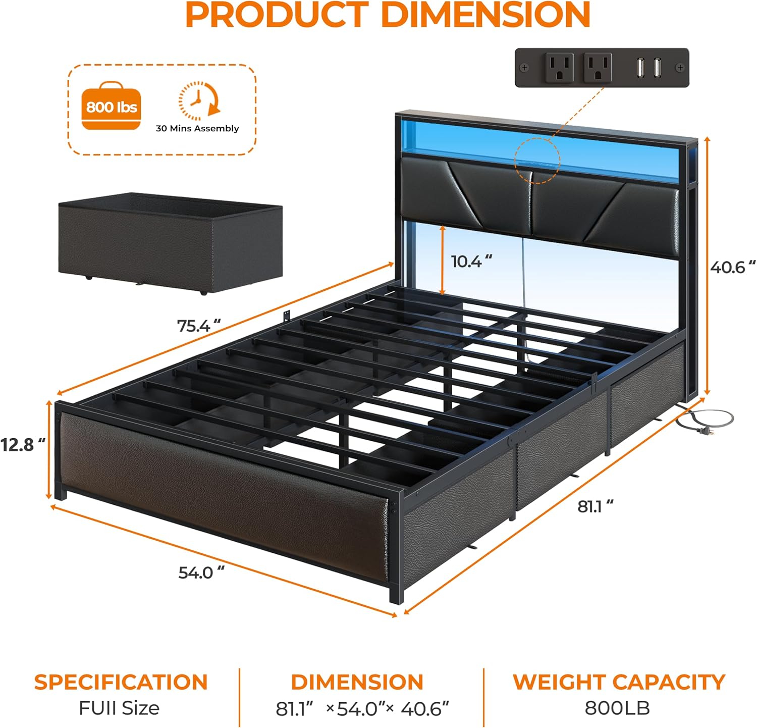 OURPIC Full Size Bed Frame, 2-Tier Storage Headboard & 6 Fabric Drawers, PU Leather Upholstered Platform Bed Frame Full with Charging Station and LED Lights, No Box Spring Needed, Noise Free