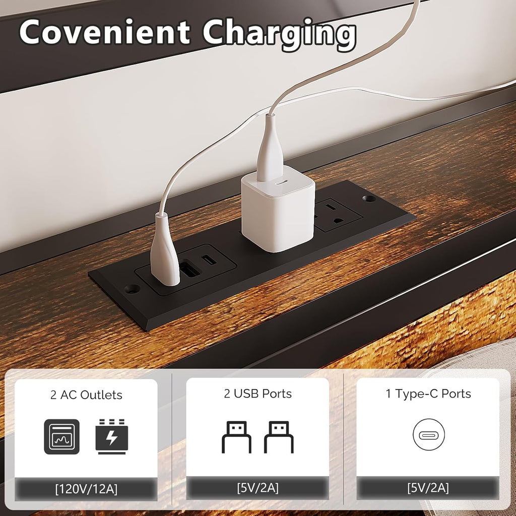 VINGLI Queen Bed Frame with 4 Storage Drawers and Headboard, Metal Platform Panel Bed with Charging Station and RGB LED Lights, No Box Spring Needed, Noise Free, Easy Assembly, Vintage Brown