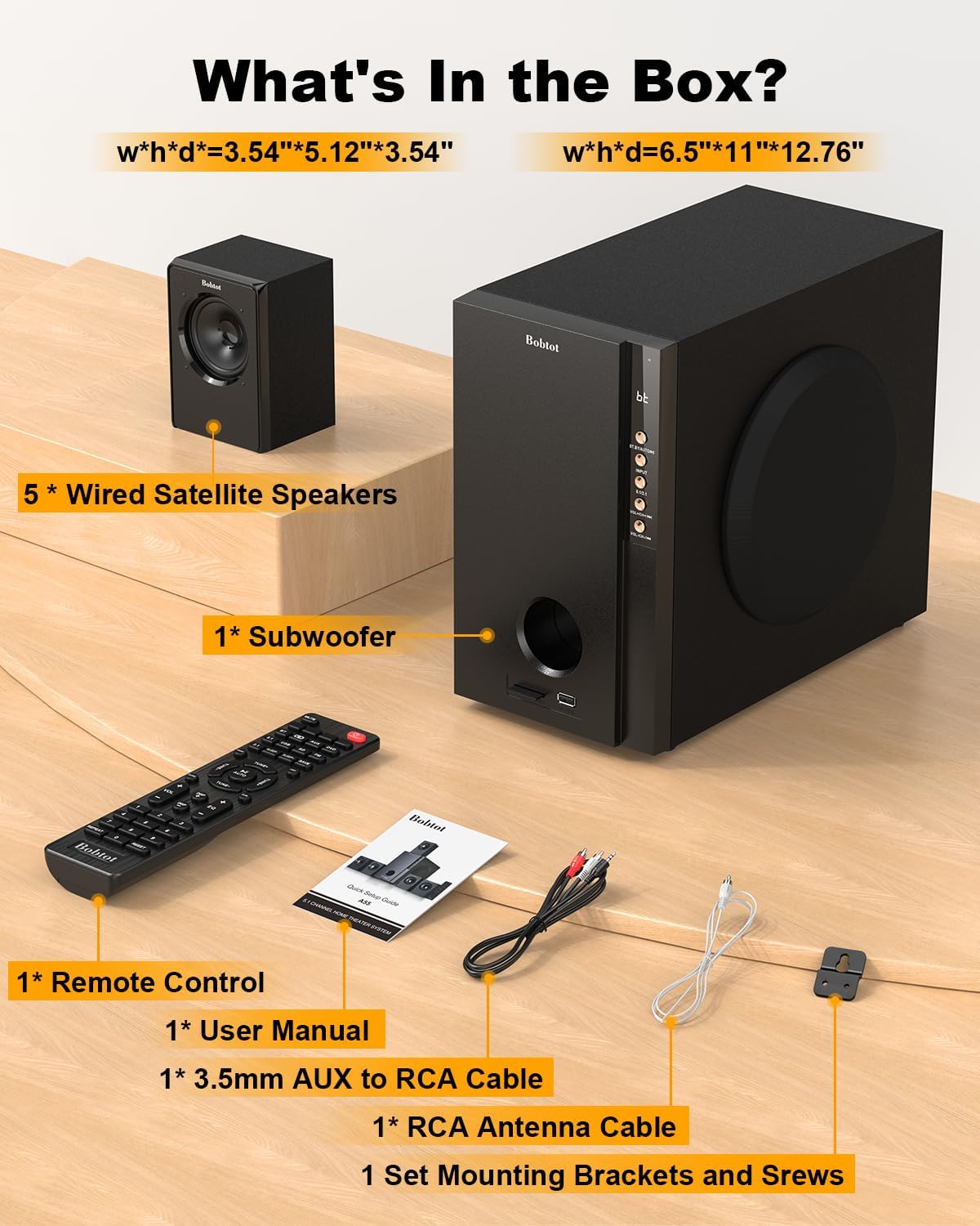 Bobtot Home Theater Systems Surround Sound System, 5.1 Wired Stereo Sound Speakers, 5.25 inch Subwoofer 600 Watts Peak Power Deep Bass Audio Stereo with FM Radio Bluetooth AUX DVD USB SD Input