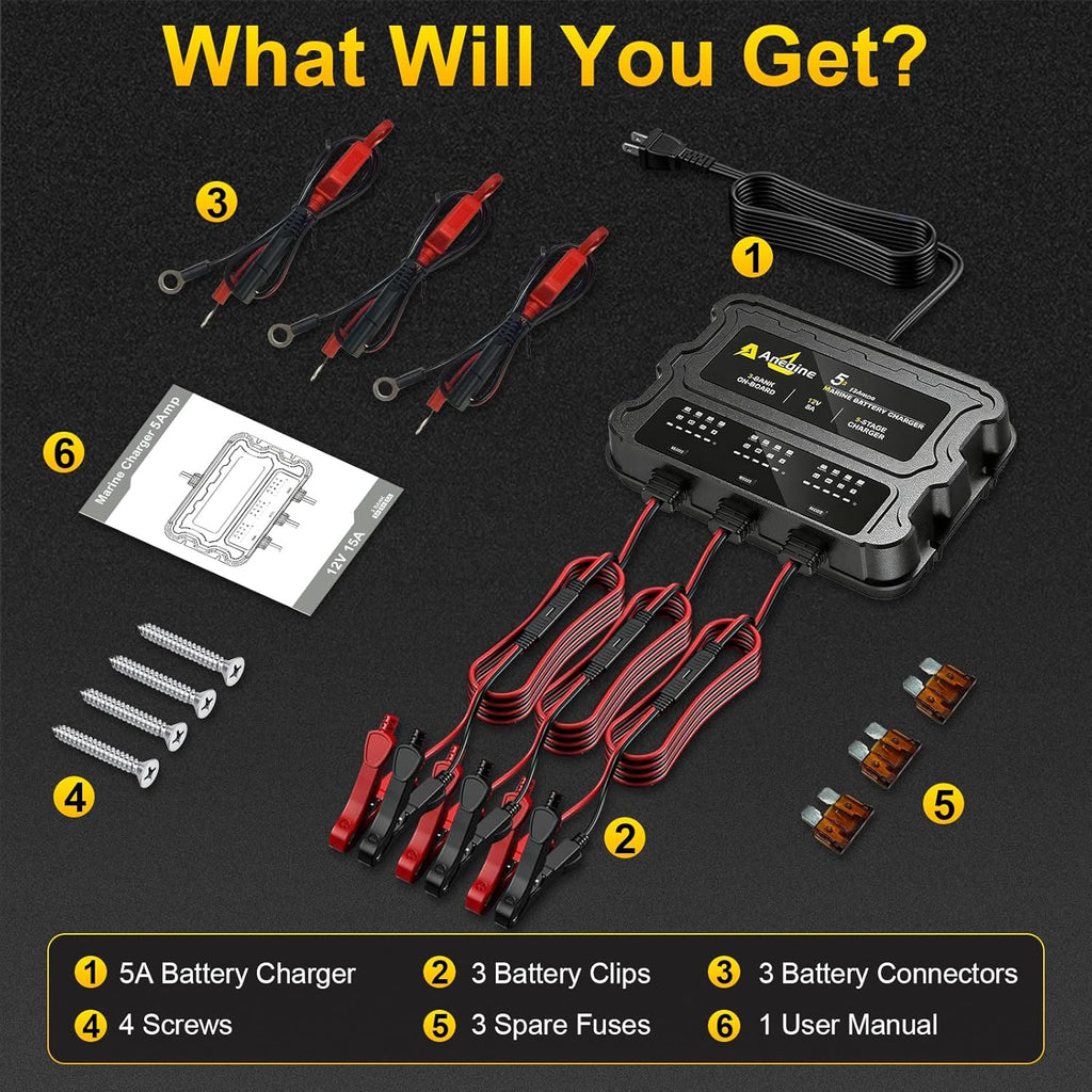 3 Bank Marine Battery Charger, 12V (5A/Bank) IP68 Waterproof LCD Onboard Battery Charger with Overcharge Protection & Temperature Compensation- for Lead-Acid, AGM, EFB, LiFePO4, Lithium, Boat, Car, RV