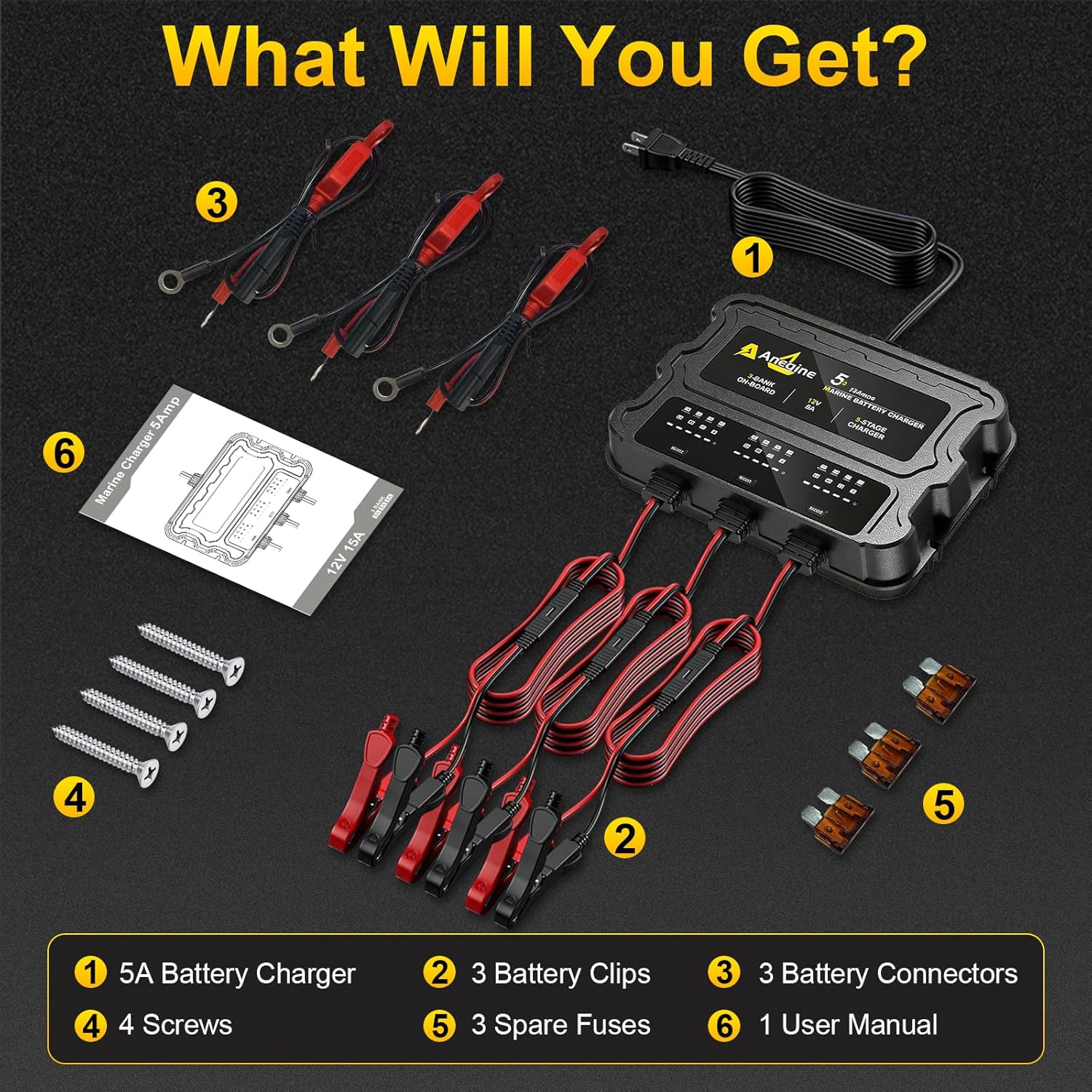 3 Bank Marine Battery Charger, 12V (5A/Bank) IP68 Waterproof LCD Onboard Battery Charger with Overcharge Protection & Temperature Compensation- for Lead-Acid, AGM, EFB, LiFePO4, Lithium, Boat, Car, RV
