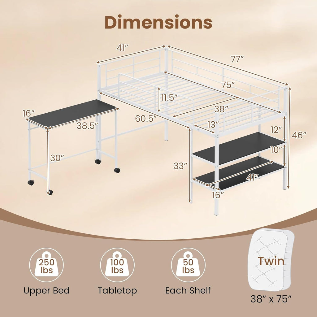 Giantex Low Loft Bed with Desk & Bookshelf, Twin Size Platform Bedframe w/Sturdy Metal Slats, Storage Bookcase & Rolling Desk, Kids Loft Bed for Boys Girls, No Box Spring Needed (White)