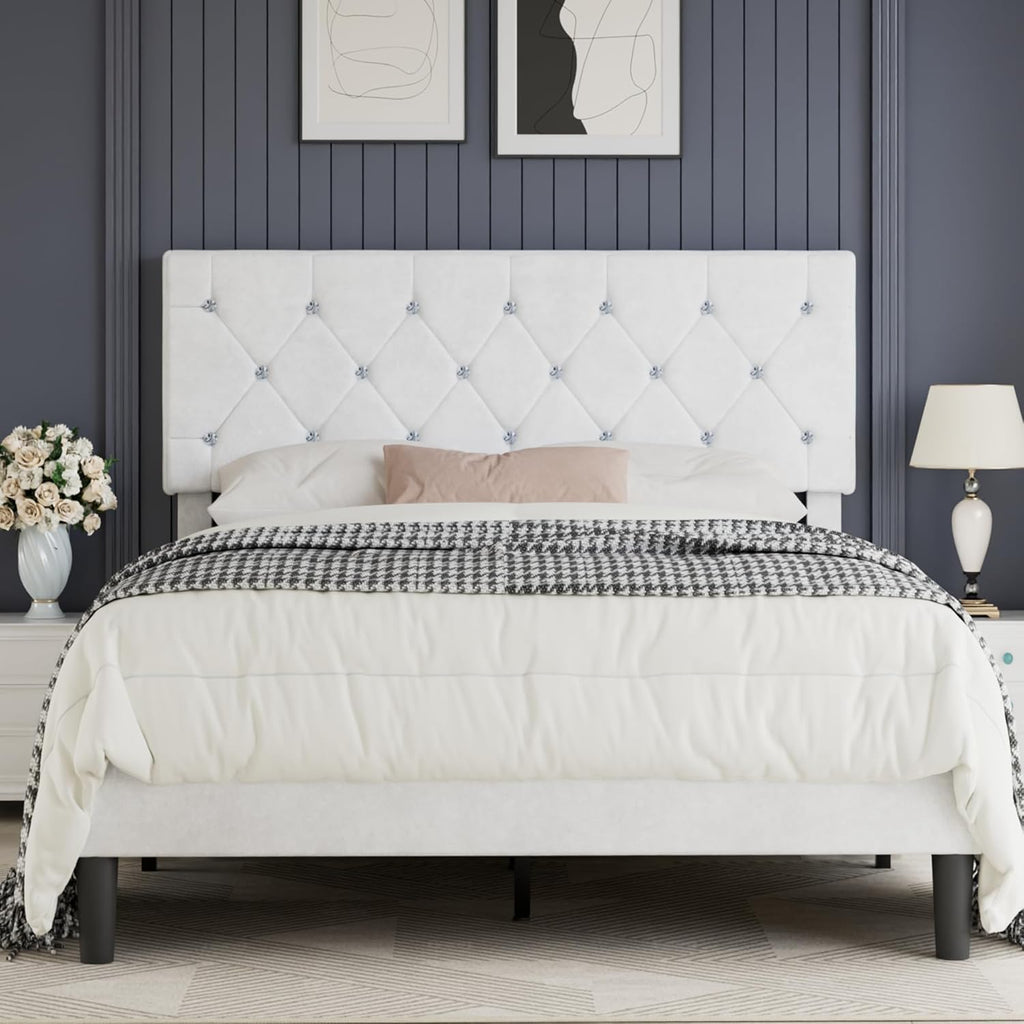 VECELO Full Size Bed Frame with Diamond Tufted Headboard, Upholstered Platform Bedframe with Wood Slat Support, No Box Spring Needed, Velvet & White