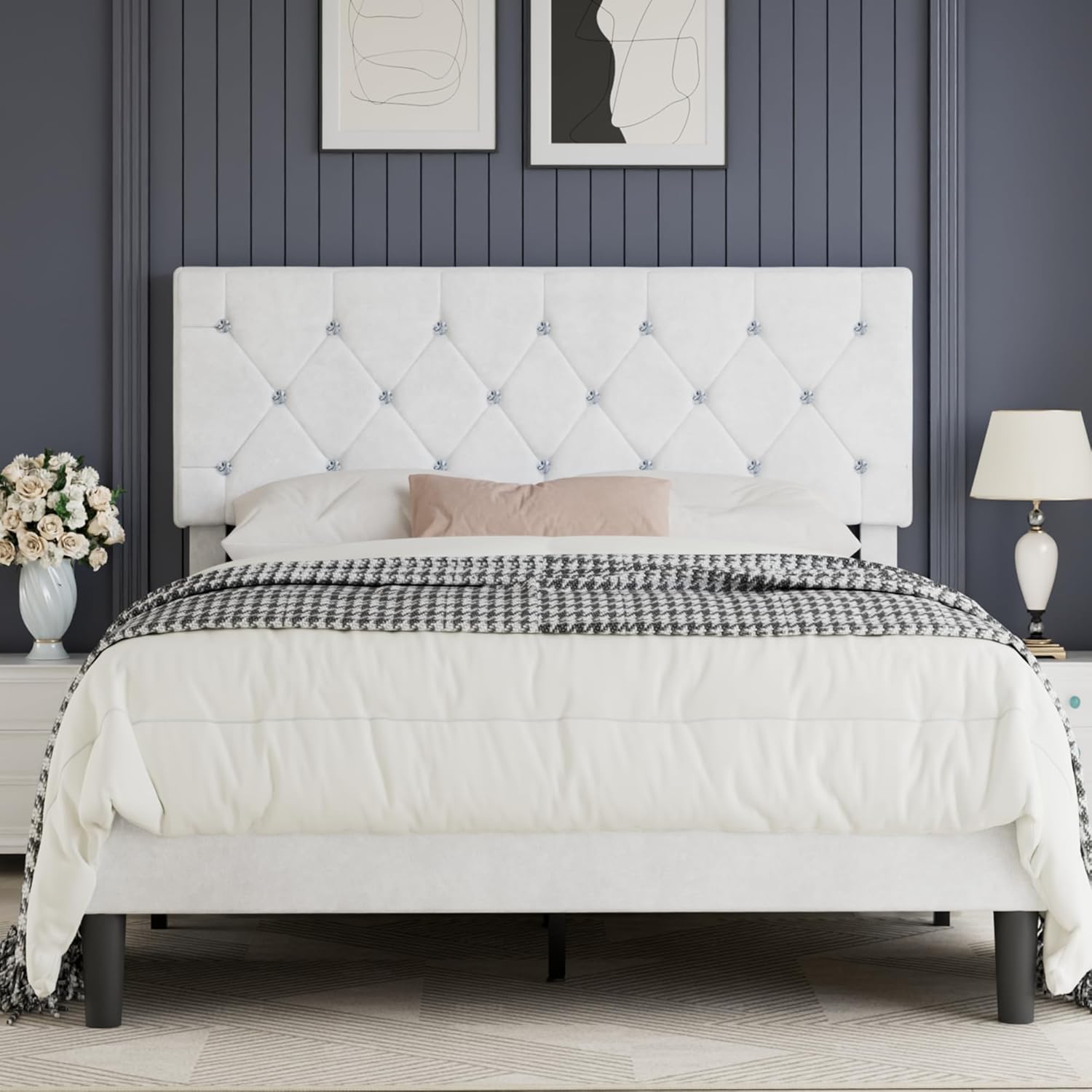 VECELO Full Size Bed Frame with Diamond Tufted Headboard, Upholstered Platform Bedframe with Wood Slat Support, No Box Spring Needed, Velvet & White