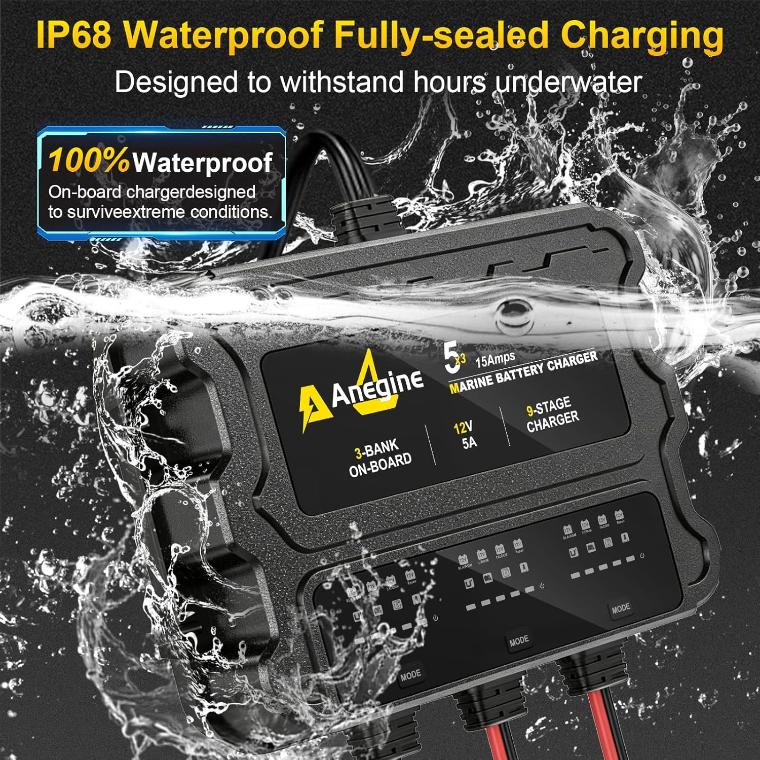 3 Bank Marine Battery Charger, 12V (5A/Bank) IP68 Waterproof LCD Onboard Battery Charger with Overcharge Protection & Temperature Compensation- for Lead-Acid, AGM, EFB, LiFePO4, Lithium, Boat, Car, RV