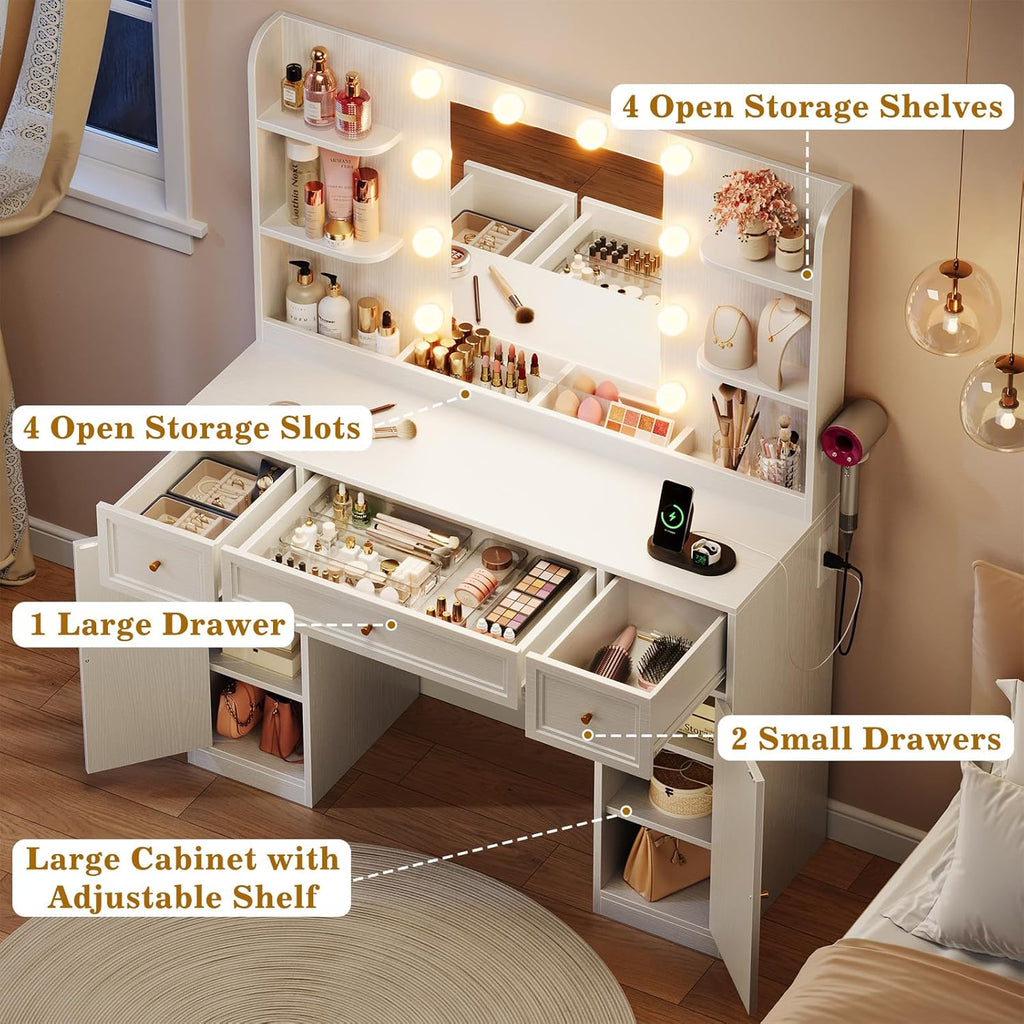 Large Vanity Desk with Mirror and Lights, Makeup Vanity with Power Outlets, 3 Drawers and 2 Large Cabinets, 3 Lighting Modes Adjustable Brightness, Dressing Table for Women Girls, White
