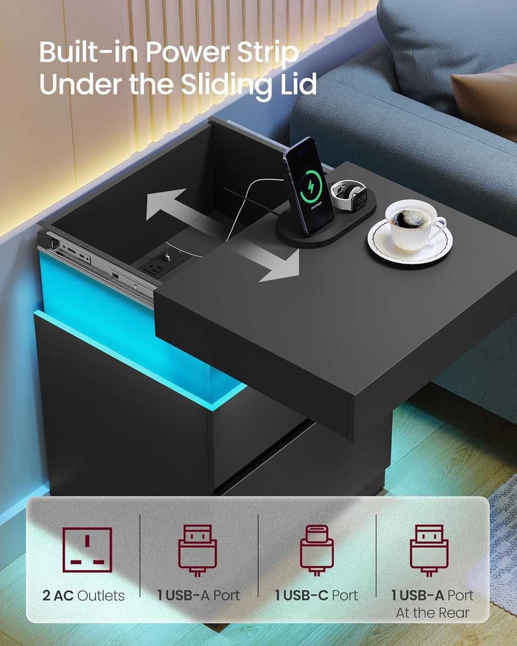 VASAGLE Kailyn Collection - Nightstands with Power Outlets, Sliding Lid, Modern Bedside Tables with LED Lights, End Tables, 2 Drawers, Set of 2, 15.7 x 18.9 x 26.8 Inches, Ink Black ULET650BC01S-2J