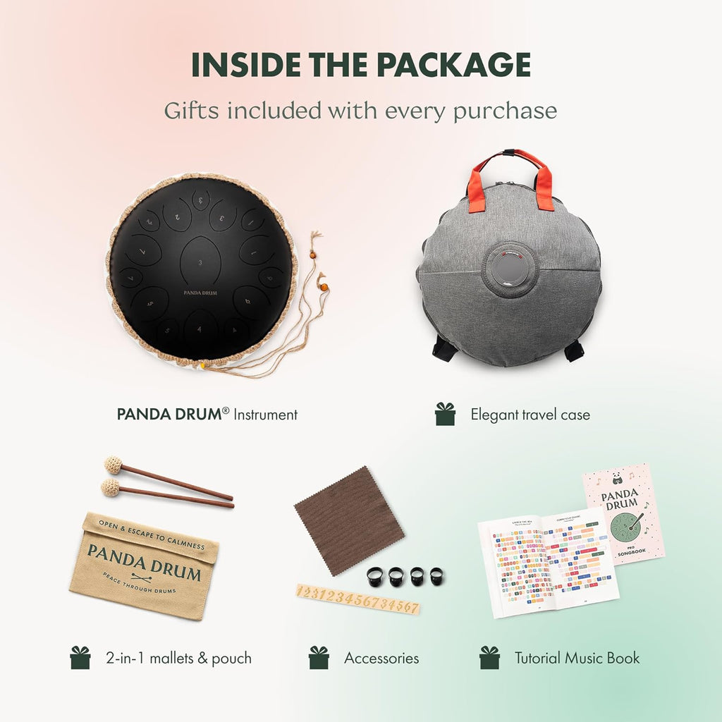 Panda Drum Pro (Black) | Steel Tongue Handpan with Music Book, Mallets, Carrying Bag & Finger Picks | 15 inch, 432 Hz | Rain Drum for Inside & Outside | Calming Musical Instrument for Adults & Kids