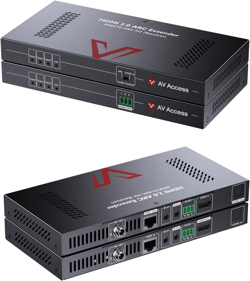 AV Access HDMI Extender with ARC Audio Return, 1080P Upto 230ft, 4K@60Hz HDR Upto 131ft, Extract Audio to Speakers or AVR, IR Control, HDBaseT for TV, Sound System, Home Theater (4KEX70-ARC-H2)