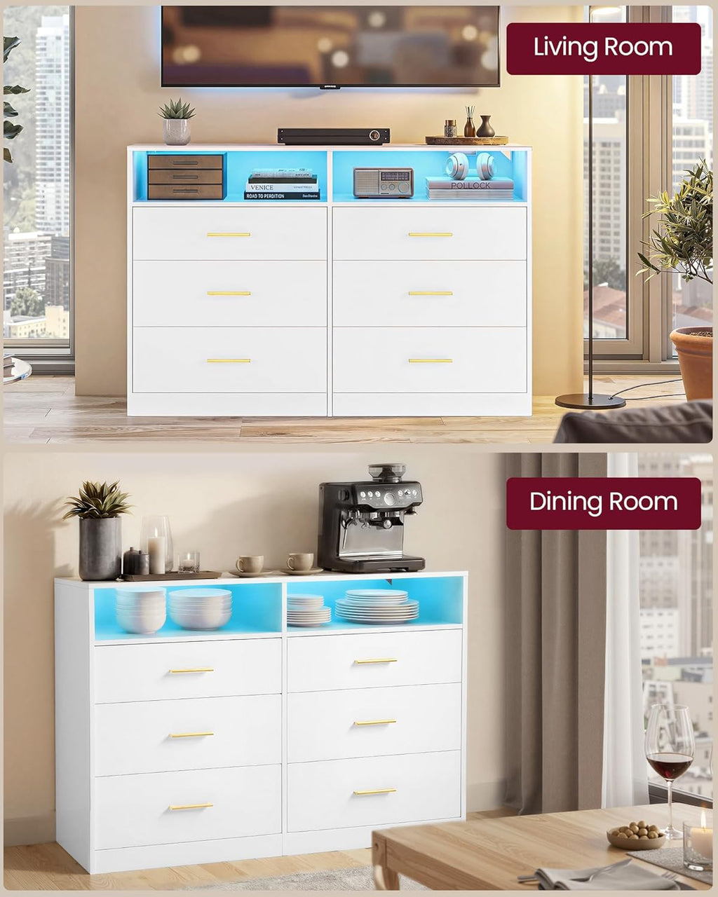 VASAGLE Custos Collection - Dresser for Bedroom, with LED Lights and Power Strip, Chest of Drawers, Modern, TV Stand for Living Room, 6 Drawers, 15.8 x 46.9 x 32 Inches, Cloud White ULTS316WB01S