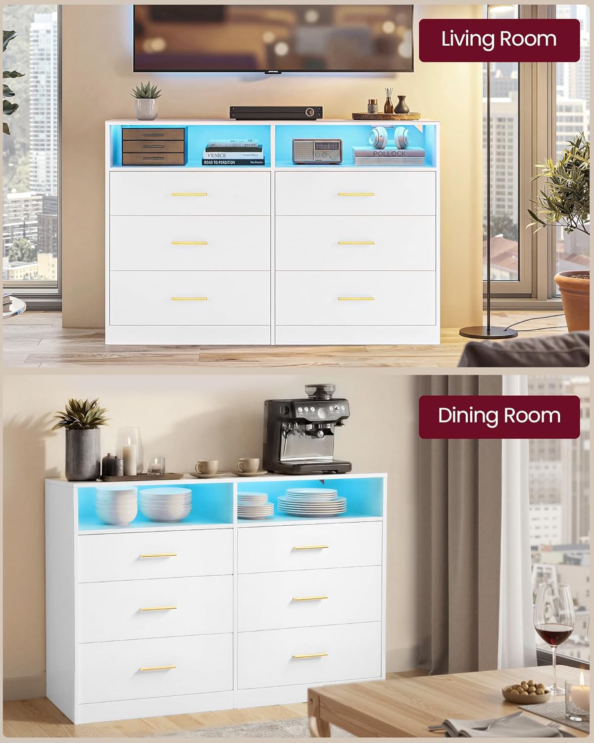 VASAGLE Custos Collection - Dresser for Bedroom, with LED Lights and Power Strip, Chest of Drawers, Modern, TV Stand for Living Room, 6 Drawers, 15.8 x 46.9 x 32 Inches, Cloud White ULTS316WB01S