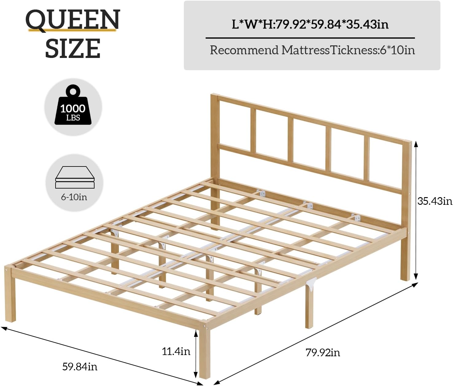 Bamboo Bed Frame Queen Size with Headboard Platform Bedframe Solid Stablewith Non-Slip Slats Support Tall Bed No Box Spring Needed Heavy Duty Easy Assembly Noise Free Nature
