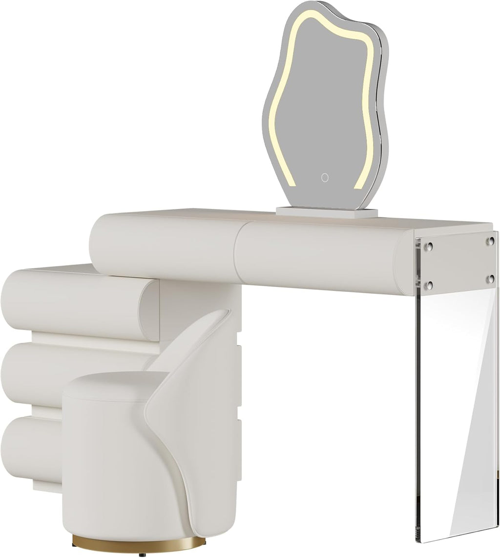 homary White Makeup Vanity Set with LED Mirror and Dressing Stool, Modern PU Leather Dressing Table with Drawers for Bedroom, Ideal for Women Girls (White)