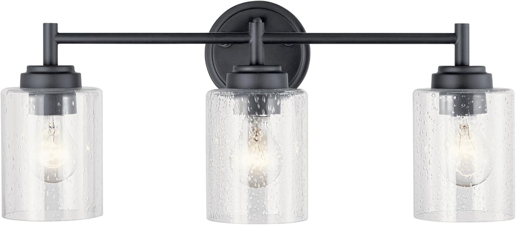 Kichler Winslow 21.5" 3-Light Bathroom Vanity Light Fixture with Clear Seeded Glass in Black, Modern Wall Mount Lighting for Mirror over Vanity in Bathroom, 45886BK