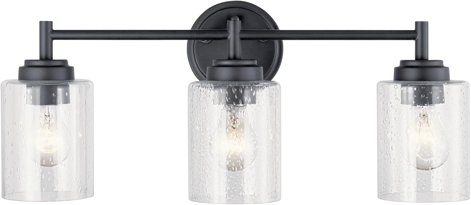 Kichler Winslow 21.5" 3-Light Bathroom Vanity Light Fixture with Clear Seeded Glass in Black, Modern Wall Mount Lighting for Mirror over Vanity in Bathroom, 45886BK