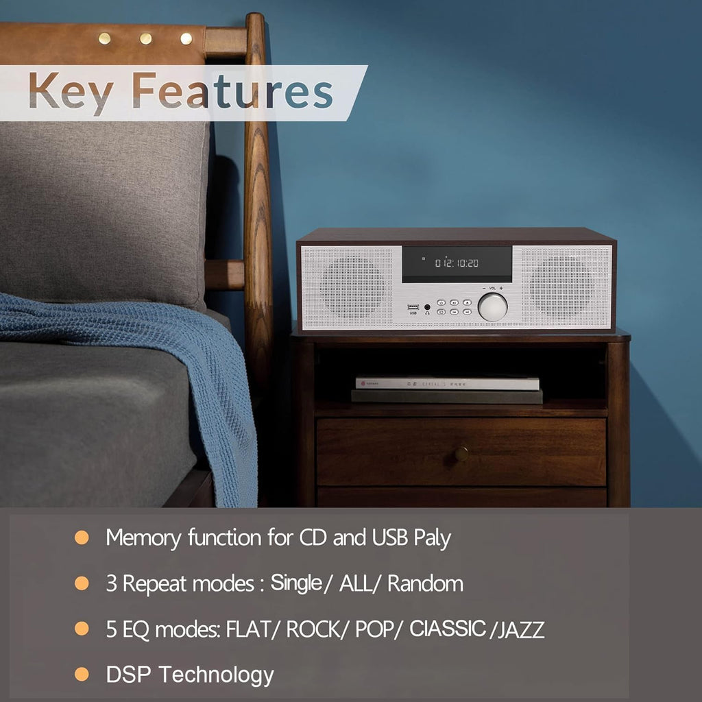 LONPOO Stereo Shelf System for Home, Vintage CD Player 40W RMS Micro Mini System with Remote Control, Bluetooth, FM Radio, USB MP3 Playback & Aux-in,Silver