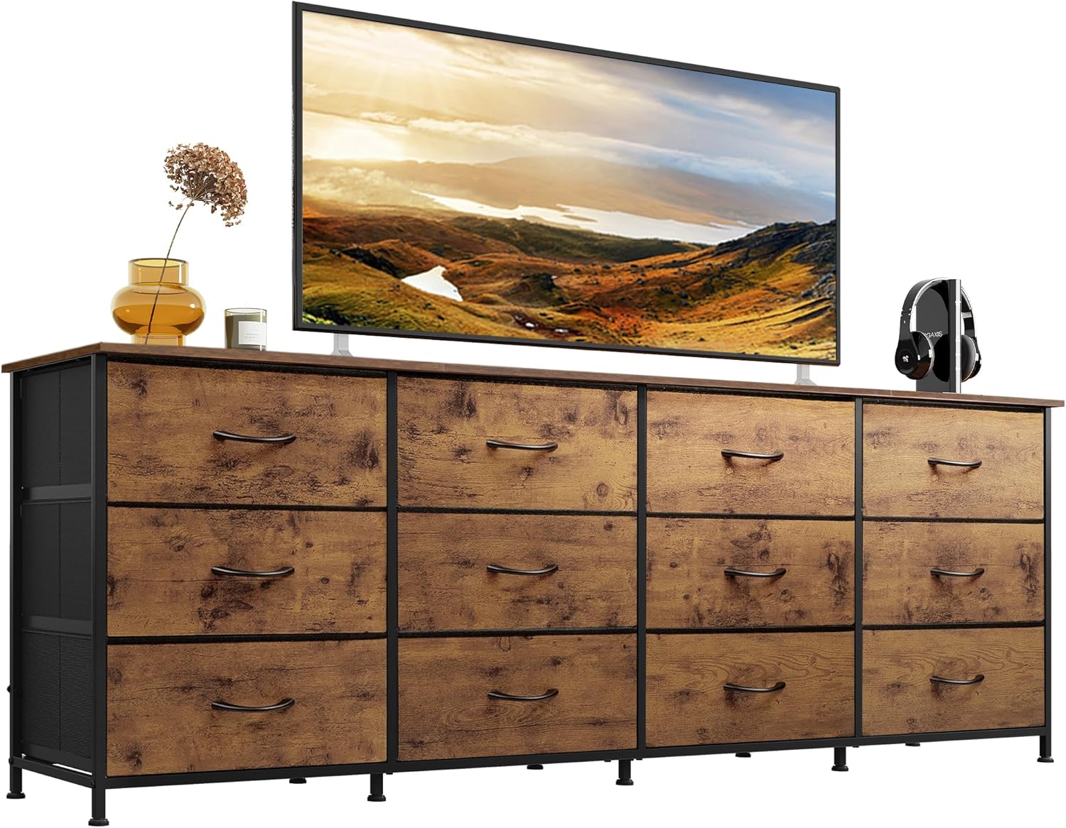 WLIVE 75.5'' Dresser for Bedroom, TV Stand for 85,80,75,65 Inch TV, 12 Drawer Long Fabric Dresser with Wood Top, Wide Entertainment Center Storage Chest for Living Room, Closet, Rustic Brown