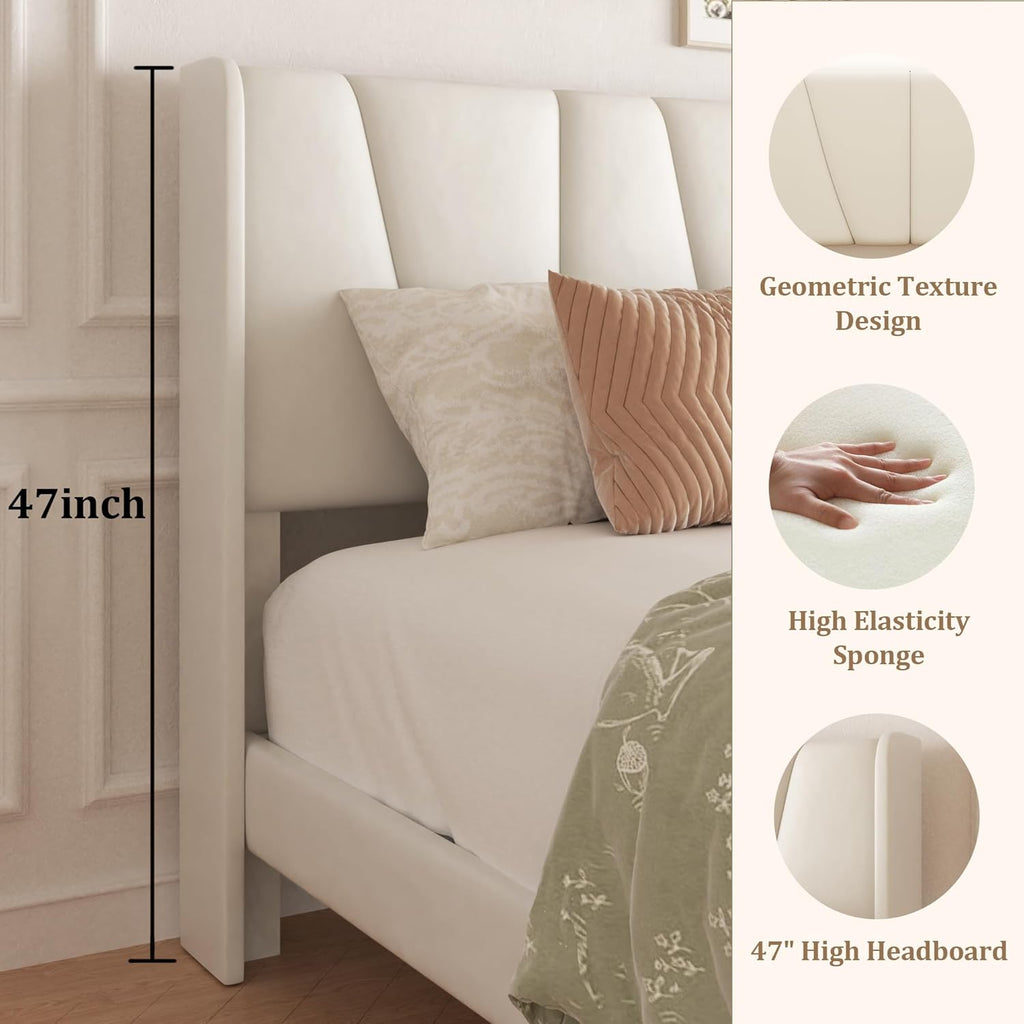 Queen Bed Frame with Storage Drawers, Upholstered Queen Size Platform Bed with 47" Tall Headboard and Wingboard, No Box Spring Needed, Noise Free, Easy Assembly, Wooden Support Slats, Beige