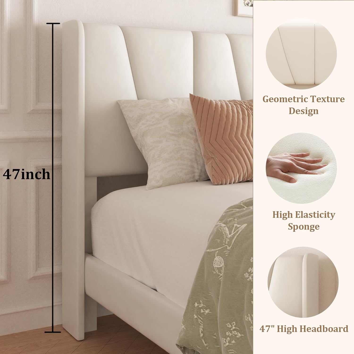 Queen Bed Frame with Storage Drawers, Upholstered Queen Size Platform Bed with 47" Tall Headboard and Wingboard, No Box Spring Needed, Noise Free, Easy Assembly, Wooden Support Slats, Beige