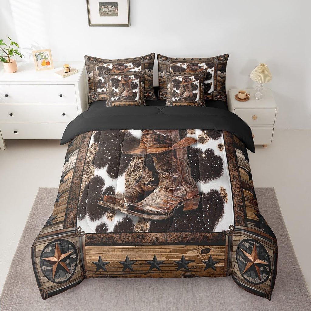 Feelyou Brown Western Aztec 7 Pieces Bedding Set King Size Cowboy Boots Hat Comforter Set with Sheets for Kids Boys Girls Decor West Texas Star Cow Fur Printed Rustic Bed in a Bag Soft Bedroom Decor