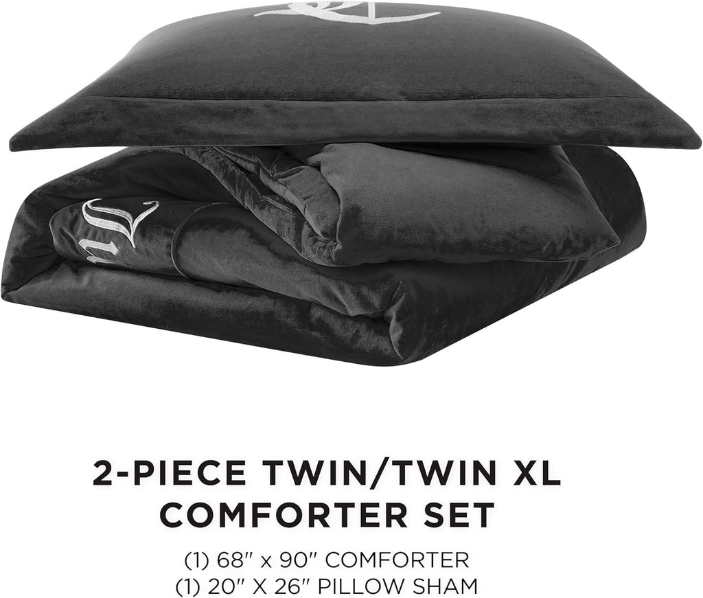 Juicy Couture - Comforter Set - Gothic Design Bedding - Twin/Twin XL - 2 Piece Set Includes (1) 90" x 68" Comforter and (1) 20" x 26" Sham - Wrinkle Resistant - Premium Bedroom Decor - Black