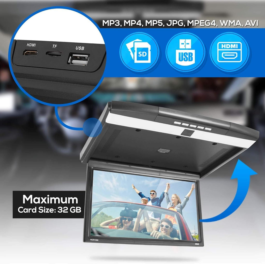 Pyle 15.6-Inch Overhead Flip-Down Car Monitor - Hi-Res 1680x800p Widescreen Car Roof Mount Monitor, Vehicle Flip Down Overhead Screen w/IR, FM Transmitter, USB/SD, HDMI, AV, Stereo Speaker -PLRV1525