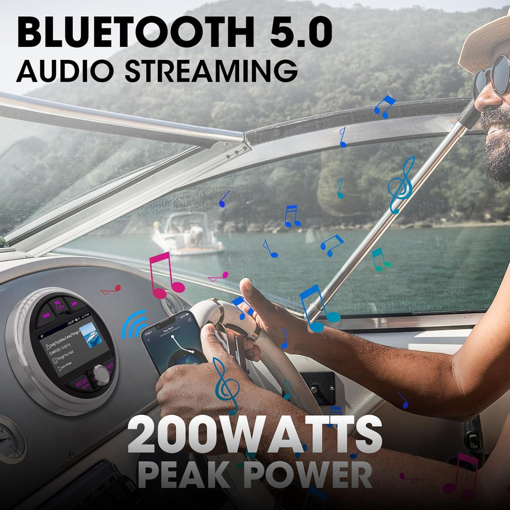 Bluetooth Marine Gauge Stereo System: Waterproof Boat AM FM Radio Receiver - 3 Inch LCD Display Digital Multimedia MP5 Player USB AUX Subwoofer 200 Watts Output