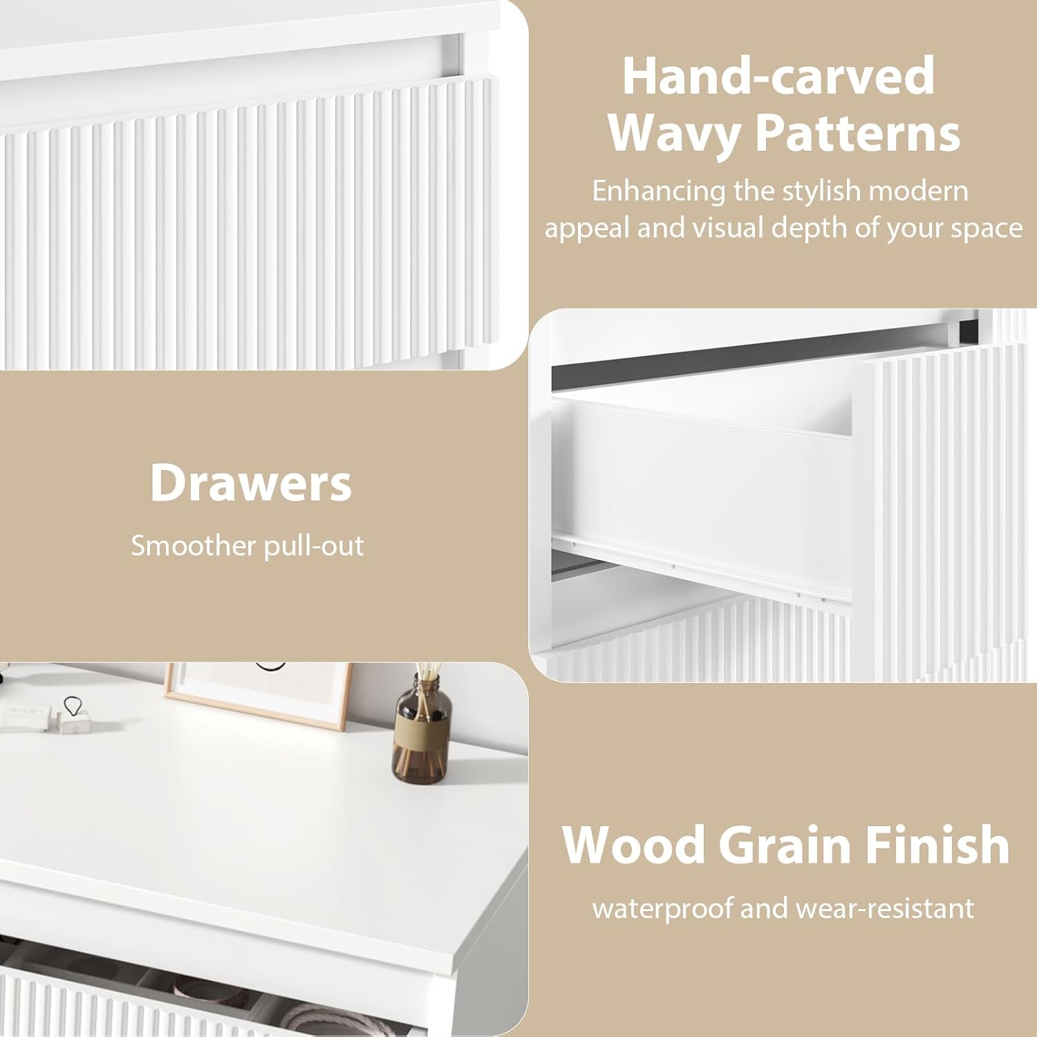 Jocoevol 6 Drawer Dresser, Fluted Dresser for Bedroom with Sleek Hidden Handles, Bedroom Dressers with Drawers, Wood Closet Clothes Storage Organizer for Bedroom, Pure White