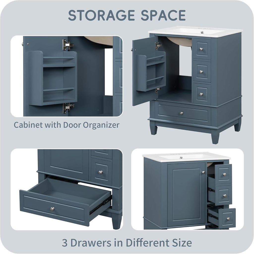 24" Bathroom Vanity with Sink, Harper & Bright Designs Free Standing Single Vanity Set with 3 Drawers and One Door with Storage Racks, Wooden Storage Cabinet with Ceramic Basin for Bathroom, Blue Grey