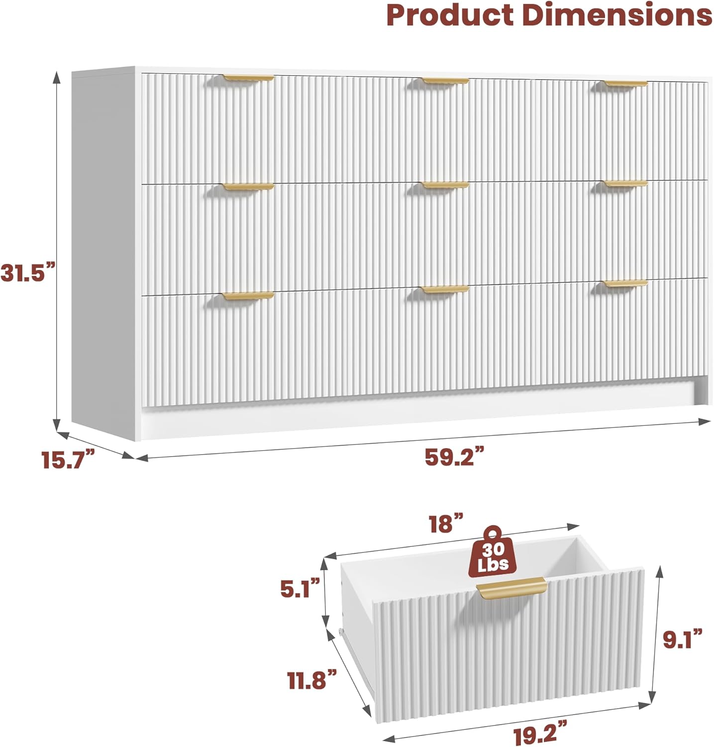 Garvee 9 Drawers Dresser for Bedroom - 59" Wide Modern Fluted Chest of Drawers with Golden Metal Handles, Large TV Stand Multi-Function Home Organizer for Living Room, Entryway, Hallway, White