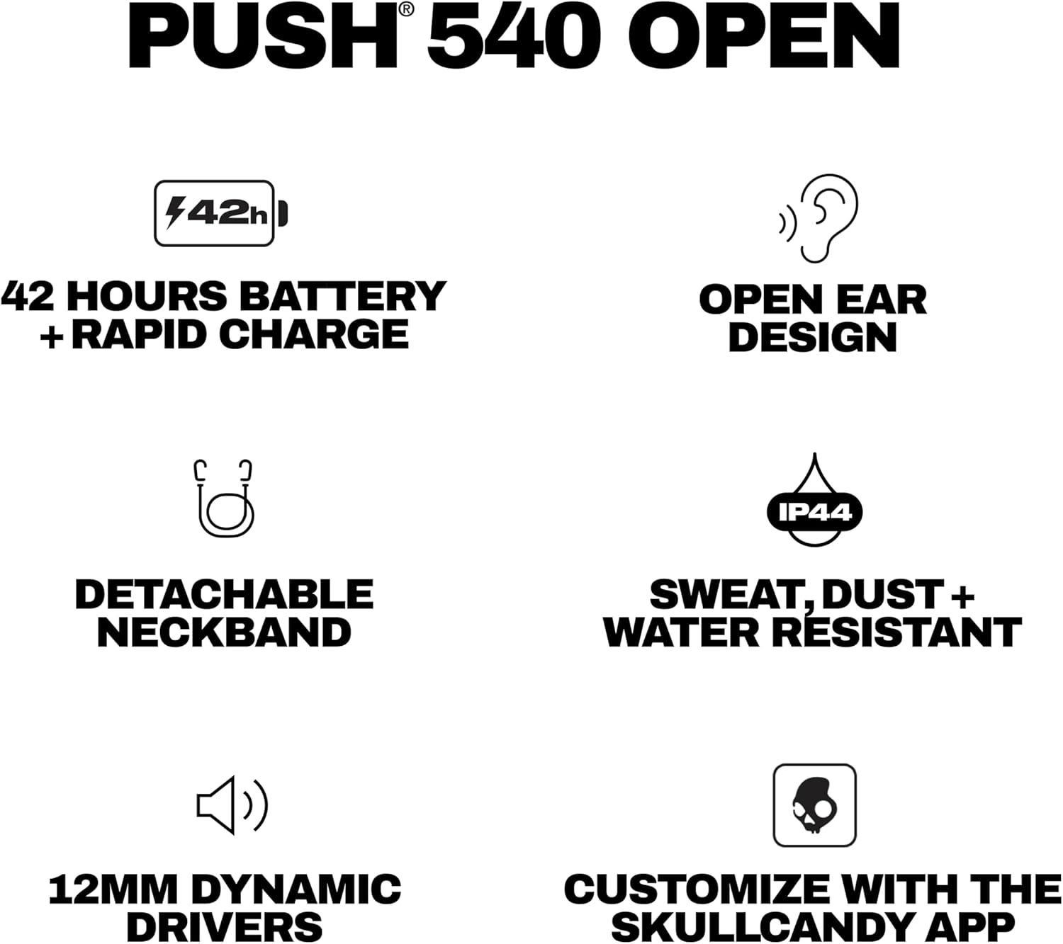 Skullcandy Push 540 Open Wireless Open-Ear Bluetooth Earbuds, Headphones, Sweat and Water Resistant, 42 Hours Battery, Detachable Neckband, Secure Fit, Microphone for iPhone Android - True Black