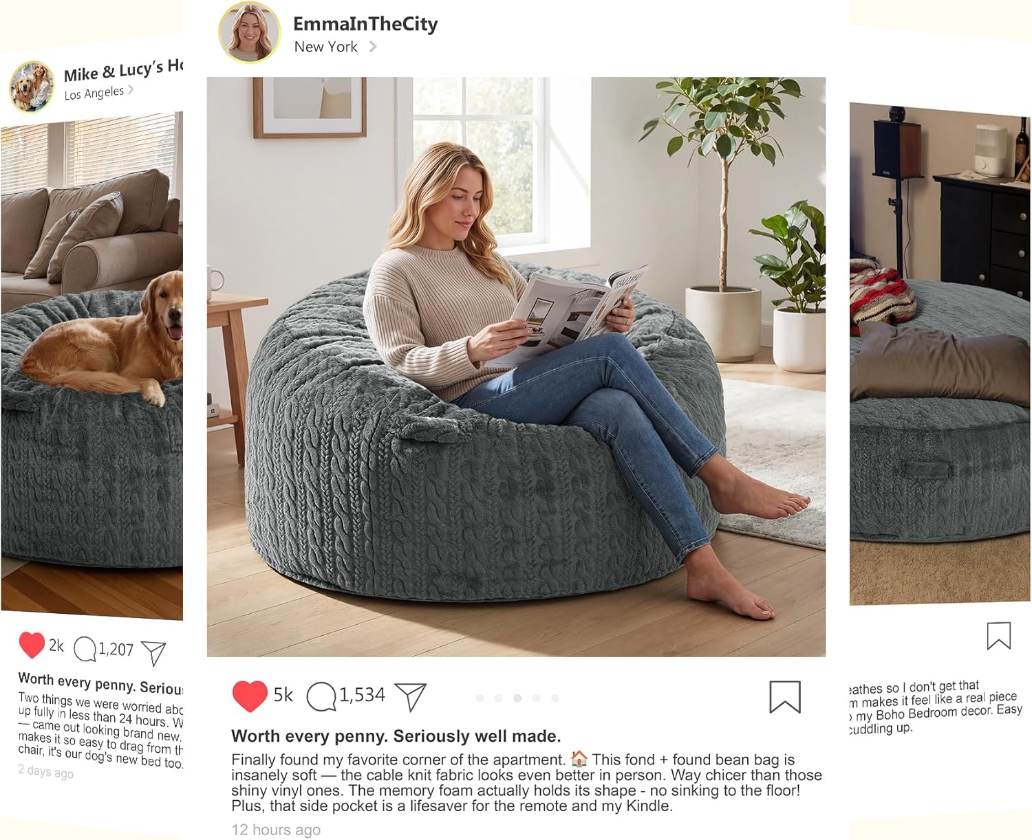 5FT Bean Bag Chair Giant Beanbag Chairs for Adults with Memory Foam Removable Cover Luxurious Braided Fabric, Adult Bean Bag Chairs for Living Room Bedroom Gaming Dorm Office（Grey,5FT-50"*50"*24"）