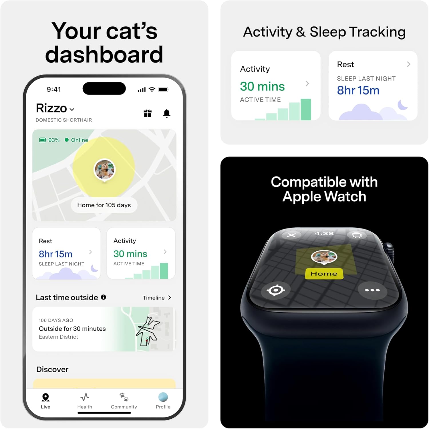 Fi Mini GPS Tracker for Cats — Lightweight Collar Attachment, Virtual Fences, Escape Alerts, Step & Health Tracking, Waterproof Cat Tracker — 12-Month Membership Included