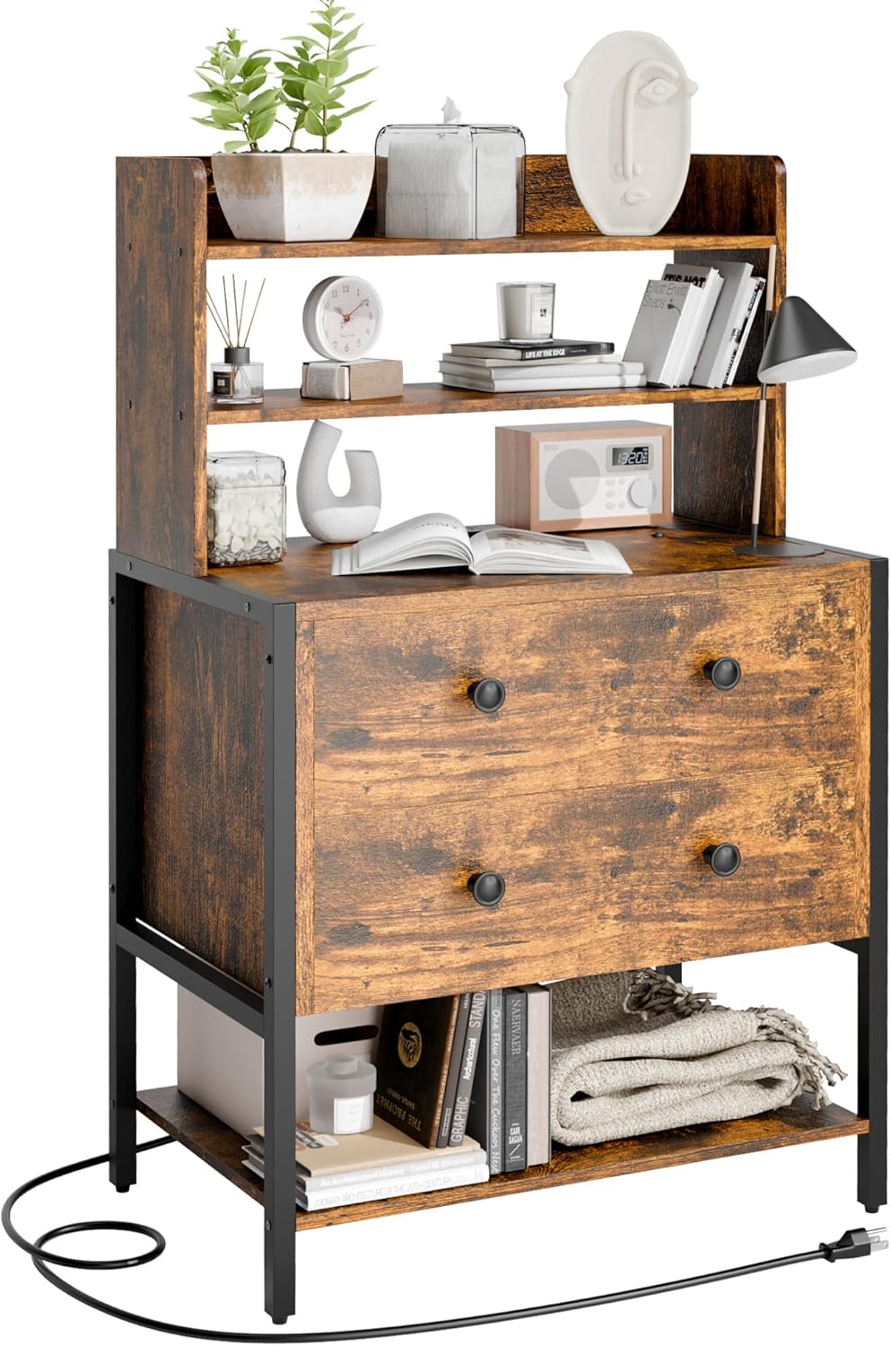 24 Inch Wide Night Stand, Large Wooden Night Stand with 2 Adjustable Drawes, Tall Nightstand with 4-Tier Shelves and Charging Station, Bedside Table for Living Room/Bedroom/Office, Retro.