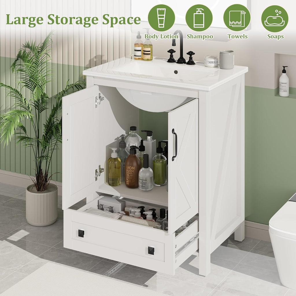 Garvee 24" Bathroom Vanity with Ceramic Sink, Freestanding Vanity with Soft-Close Doors & Storage Drawer, Modern Bathroom Sink Cabinet for Small Space, White