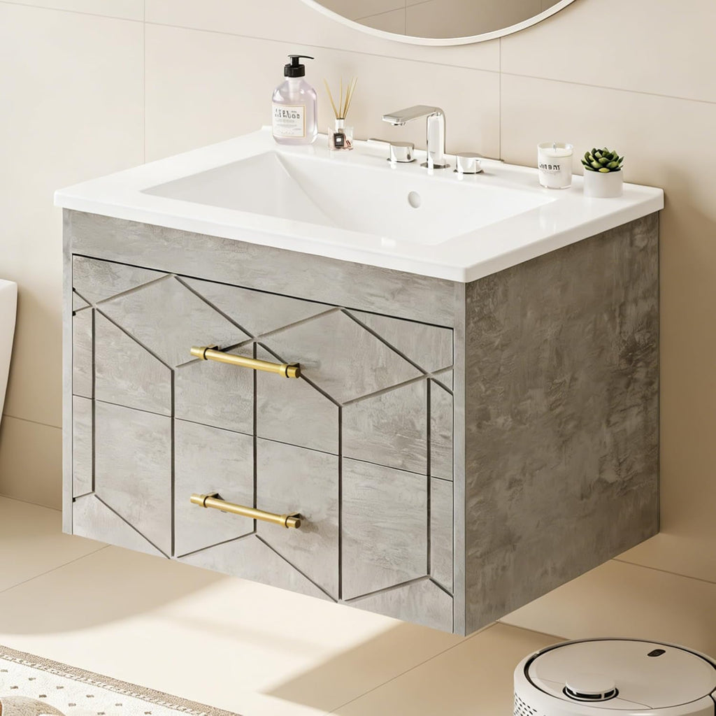 IDEALHOUSE Floating Bathroom Vanity with Sink 24 inch, Modern Bathroom Sink Cabinet, Ceramic Vanity Top, 2 Large Storage Drawers with Gold Metal Handle, Easy to Assembly, Grey