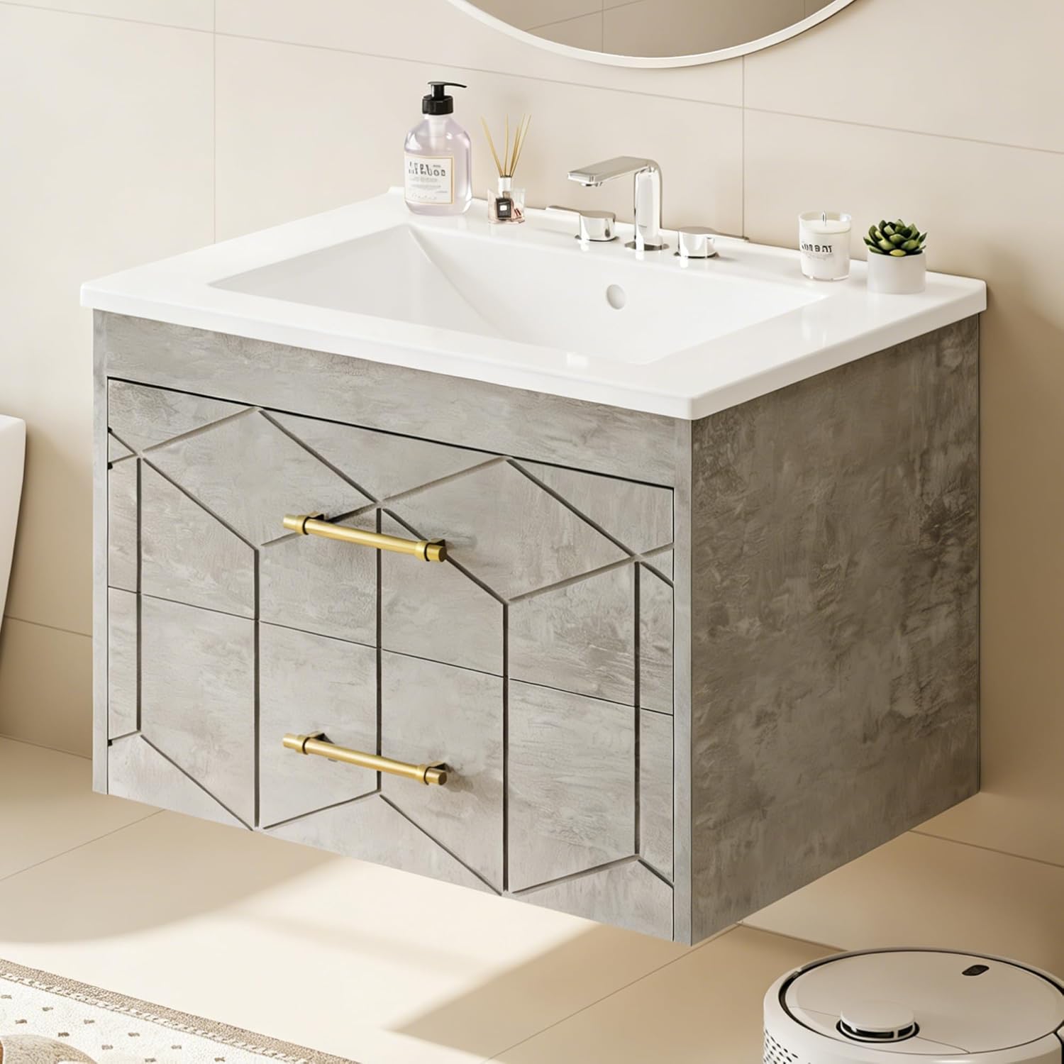 IDEALHOUSE Floating Bathroom Vanity with Sink 24 inch, Modern Bathroom Sink Cabinet, Ceramic Vanity Top, 2 Large Storage Drawers with Gold Metal Handle, Easy to Assembly, Grey
