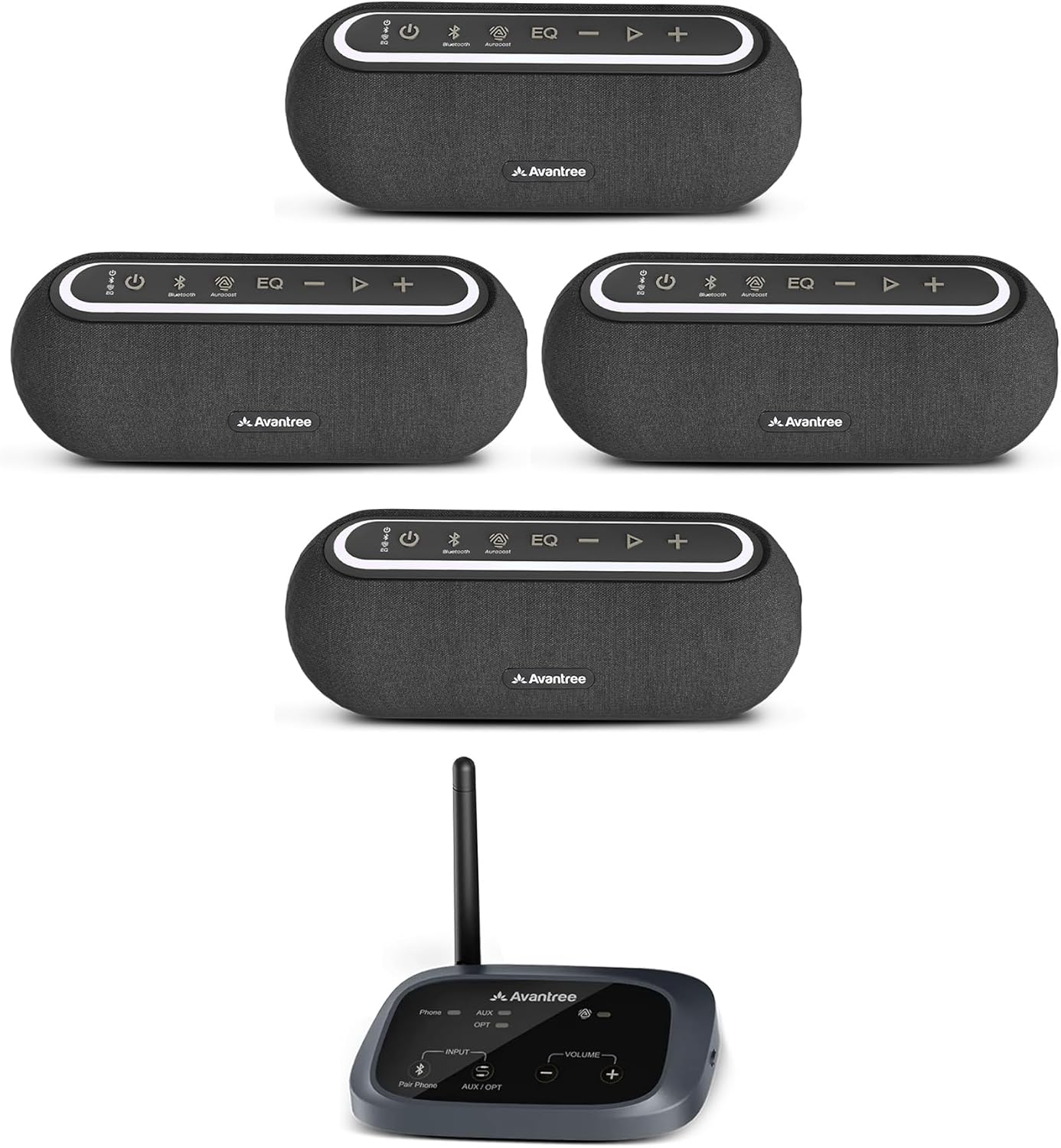 Avantree Harmony A2 – Wireless Auracast Speaker System for Whole-Home Audio, 100m Range, Expandable Setup, 3 EQ Modes for TV & Music, 1 Transmitter with 4 Bluetooth Speakers
