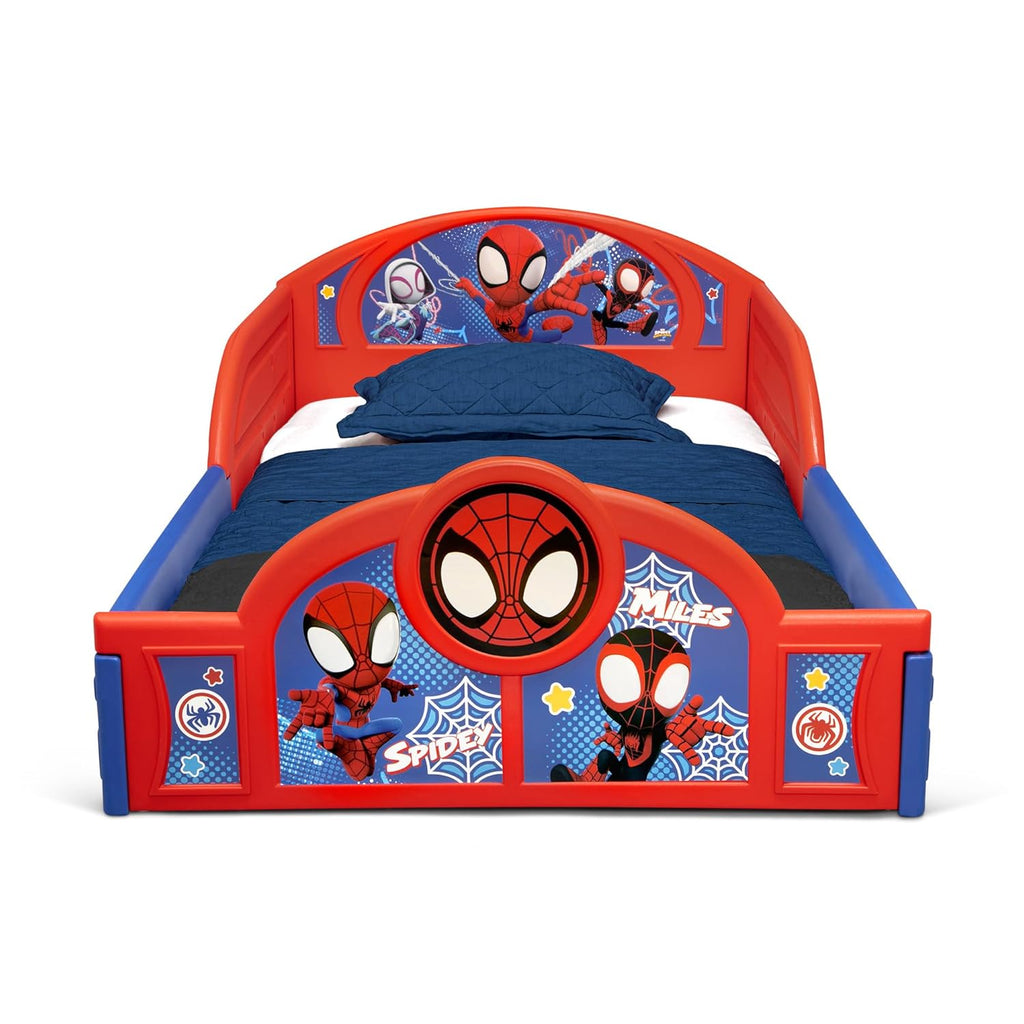Delta Children - Marvel Spidey and His Amazing Friends 4-Piece Toddler Room-in-a-Box Set – Includes Sleep and Play Toddler Bed, Table, 1 Chair and Fabric Toy Box, Blue/Red