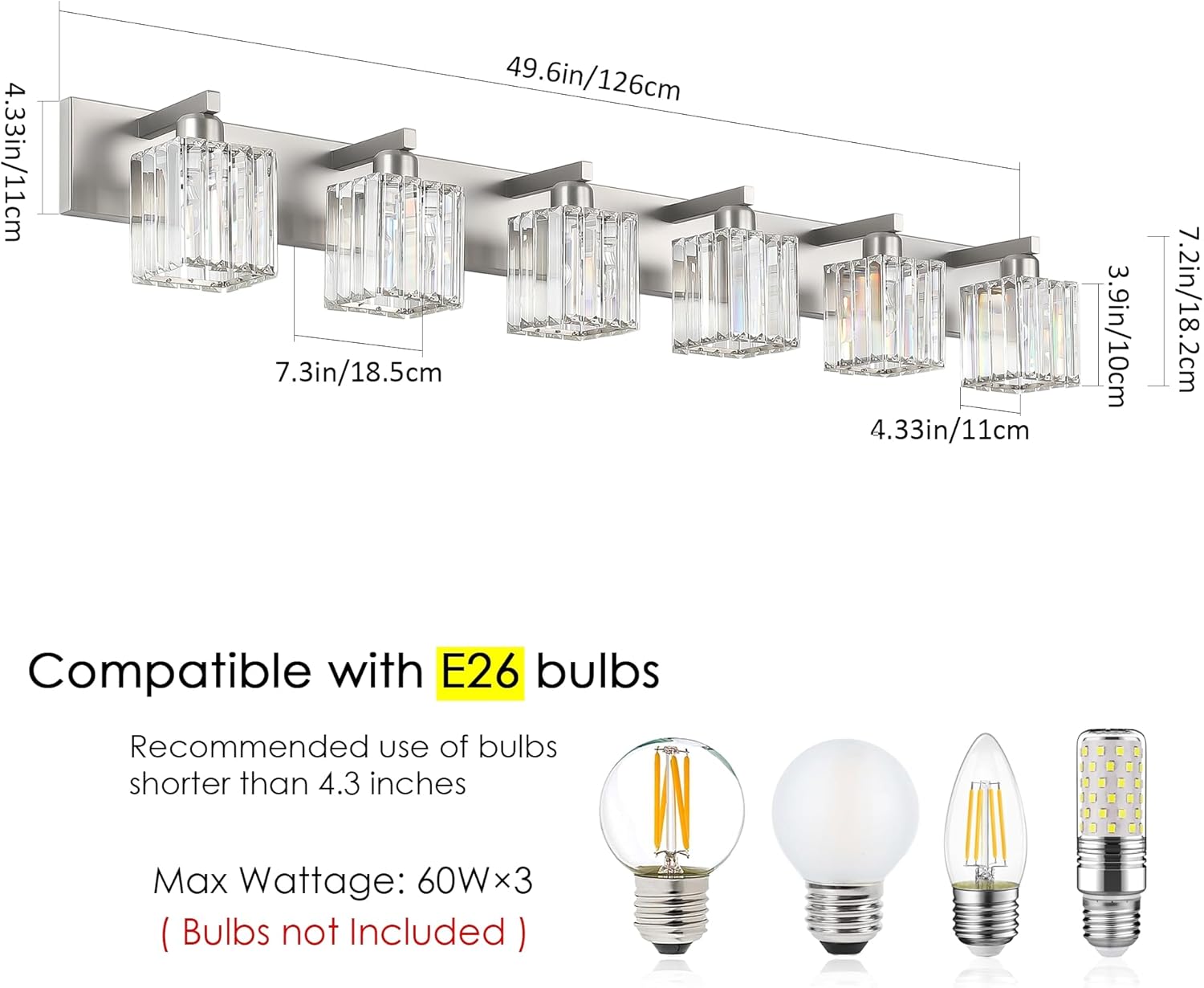 Aipsun Brushed Nickel Bathroom Light Fixtures 6 Light Vanity Lighting Fixture Crystal Modern Bathroom Vanity Light (Exclude Bulb)