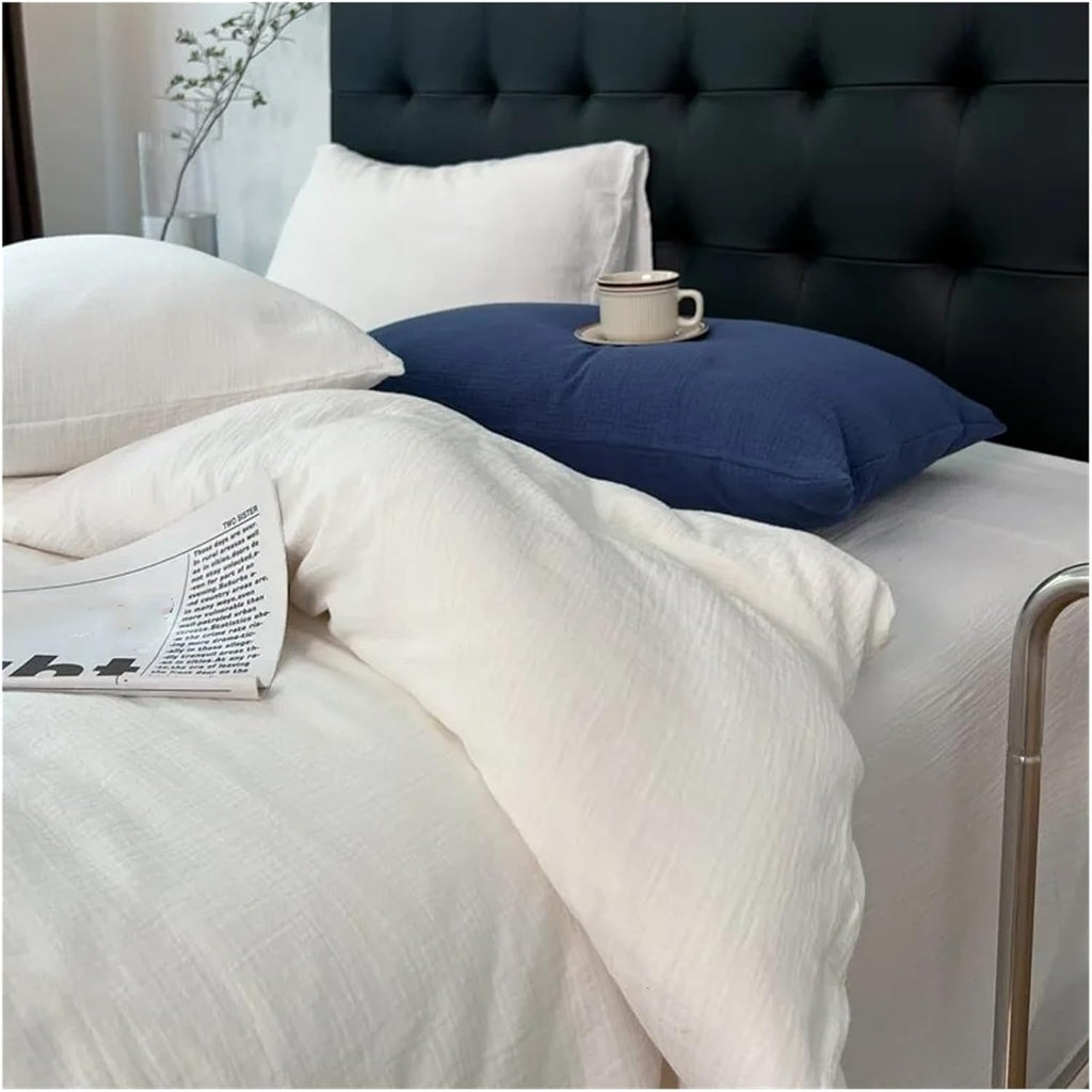 Bed, Natural 100% Cotton Linen Feel Soft Comfortable 4Pcs Bedding Set Solid Twin Queen Duvet Cover Flat/Fitted Sheet Pillowcases
