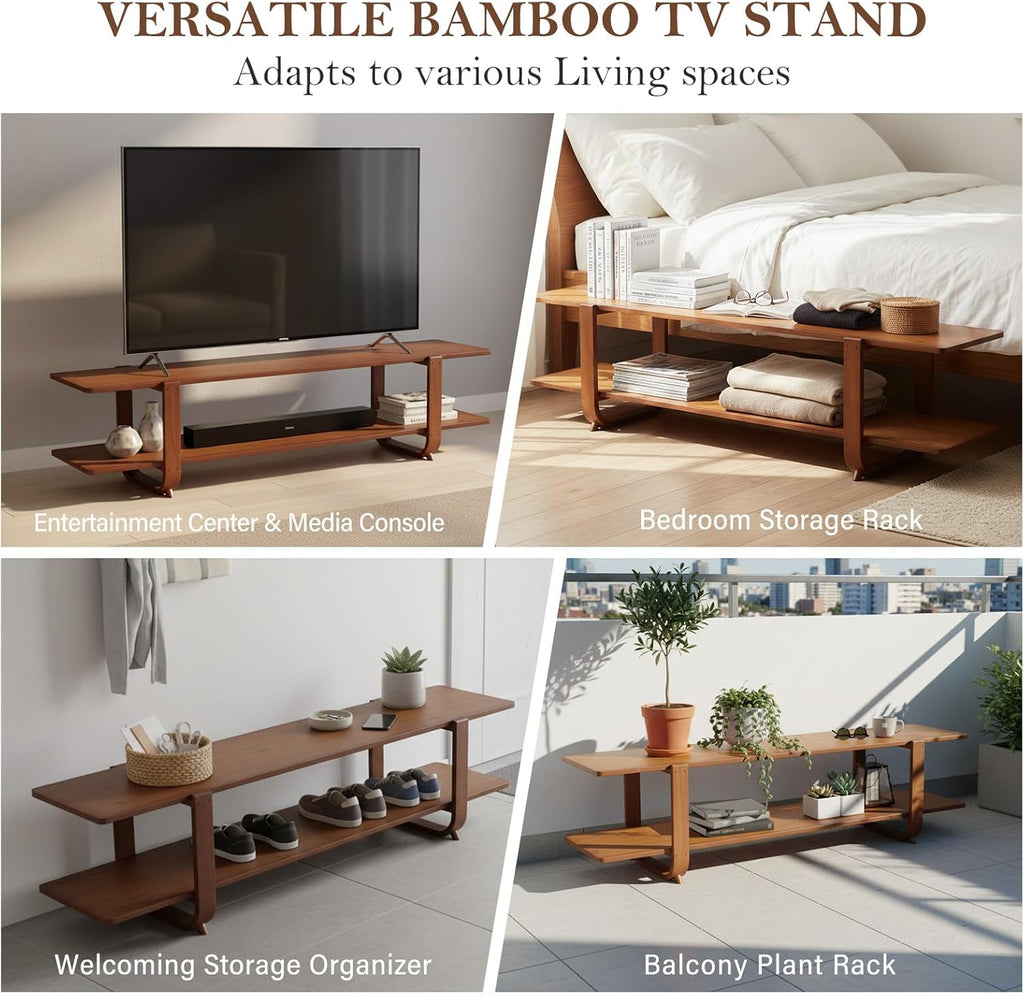 Tiita TV Stand with Storage for TVs up to 65'', Bamboo TV Console Entertainment Center with 2 Open Shelf, Mid Century Modern Media Console for Living Room, Bedroom, Walnut