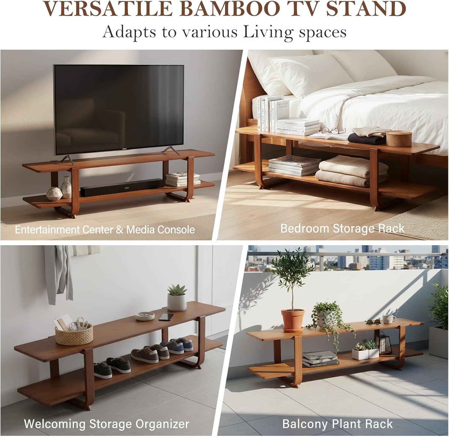 Tiita TV Stand with Storage for TVs up to 65'', Bamboo TV Console Entertainment Center with 2 Open Shelf, Mid Century Modern Media Console for Living Room, Bedroom, Walnut