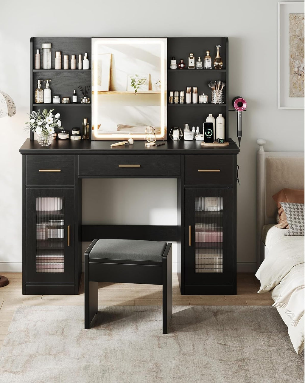 Memobarco Vanity Desk with Mirror and Lights, 43.5" Makeup Vanity with 3 Adjustable Lighting Modes, Large Vanity Desk with Sliding Mirror with 4 Drawers & 2 Cabinets, Power Outlets, Black